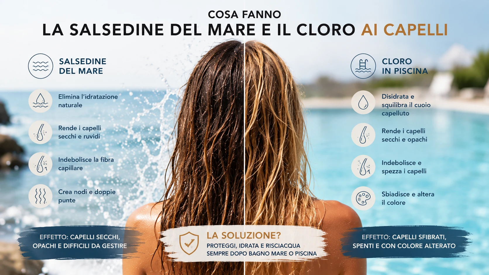 Cosa fanno la salsedine del mare e il cloro ai capelli